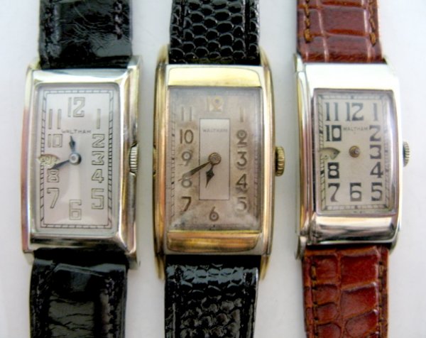 3 Waltham 15J, 9J & 17J Wrist Watches: 3 Waltham 15J, 9J & 17J Wrist Watches: 1.) Marked on works Waltham U.S.A. 15J; serial no.27271068. In a Waltham Wadsworth 14K gold filled case, numbered 8577129. Ivory colored dial with black numbers;