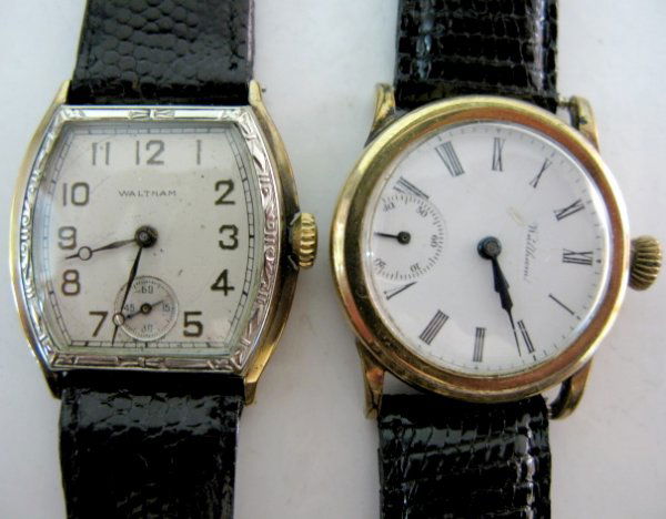 2 Waltham Wrist Watches: 15J & Other: 2 Waltham Wrist Watches: 1.) Marked on works American Waltham Watch Co.; serial no.11997211. In a Star 10K RGP bezel stainless back case, numbered 4165401; white dial with Roman numerals and red outer