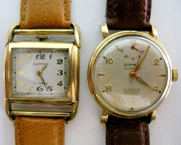 Cornell Supreme & Clifford 17J Wrist Watch: Cornell Supreme & Clifford 17J Wrist Watch: 1.) Cornell Supreme Incabloc by Domaine Watch Co. 17J; Swiss unadjusted in a Wadsworth 10K gold filled case. Gold colored dial with gold numbers; seconds di
