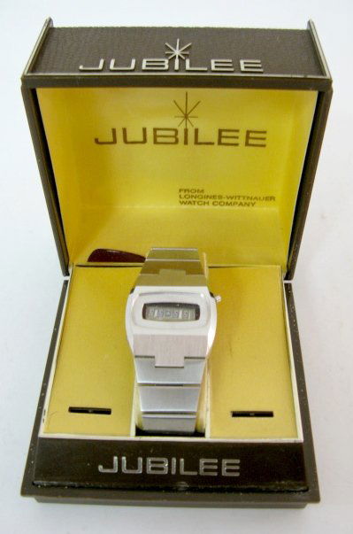 Jubilee Digital Wrist Watch: Jubilee Digital Wrist Watch: from Longines/Wittnauer with clear lens. LED J. 351 is on a string tag. Stainless steel and base metal. In box with no papers. (Not running; not tested.) All items sell As