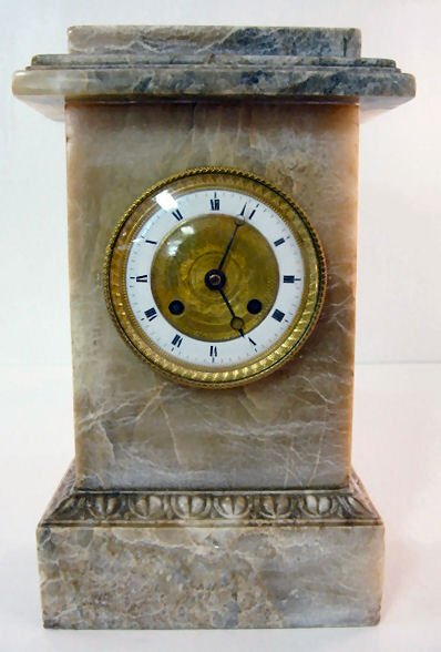 French Marble Mantle Clock w/Silk String: French Marble Mantle Clock w/Silk String: time with half hour bell striking movement, unmarked. The dial has an engraved gilt metal center. (The 3 1/2" porcelain ring dial has an edge chip between 12 