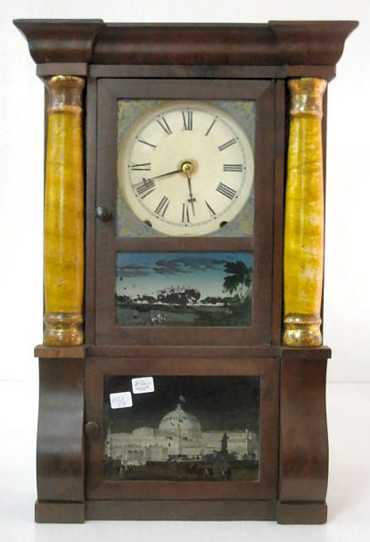 E.O. Goodwin 8 Day Mini Shelf Clock: E.O. Goodwin 8 Day Mini Shelf Clock: spring wound, gong striking brass movement; 5" dial and stained interior label. The case is mahogany and veneer, with gilt wood columns. Has 2 doors and all origin