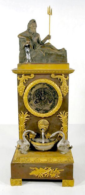 French Figural Animated Silk String Clock: French Animated Silk String Clock: made of bronze dore and bronze with an 8 day time, with half hour bell striking movement, unmarked. The 4" silver dial has a wreath shaped bezel. The mechanized part