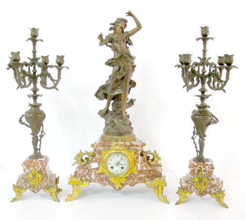 Aug Moreau French 3pc Garniture "Les Mures": Aug Moreau French 3pc Garniture "Les Mures": sculpted by Aug Moreau (Med. D'or"). The time with half hour bell striking movement is signed Japy Freres and numbered 82232. The enamel dial is 3 1/2" wid