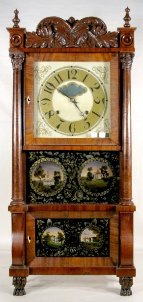 C&LC Ives Triple Deck Shelf Clock: C&LC Ives Triple Deck Shelf Clock: 8 day brass, weight driven movement. Mahogany and veneer case with carved splat. A partial interior label has part of the makers name visible. The case has a nice cl