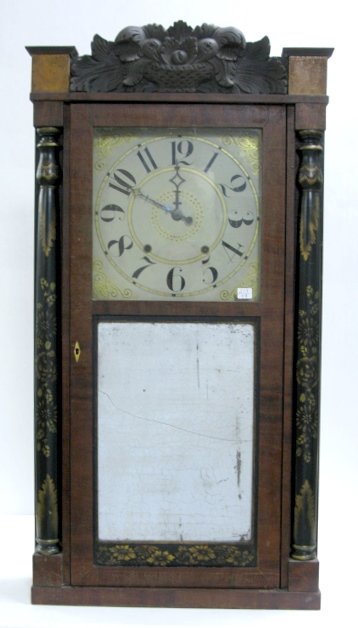 Jerome & Darrow Shelf Clock w/Wood Works: Jerome & Darrow Shelf Clock w/Wood Works: 8 day time with bell striking wood work. In a mahogany and veneer case with stenciled side columns and carved splat. The interior label is intact with some sc