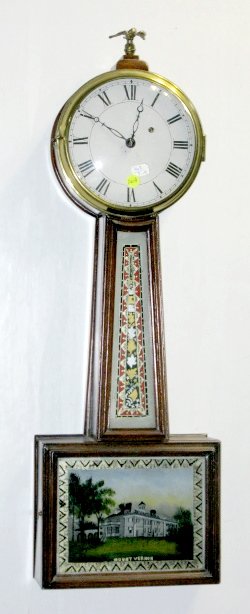 American Banjo Clock, Time Only: American Banjo Clock, Time Only: weight driven with an original, but repainted 7" dial. The brass movement is unmarked. (The case has had some restoration. The decorated glass pieces are replacements.