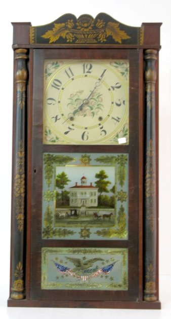Eli Terry Jr. Stenciled Column Clock: Eli Terry Jr. Stenciled Column Clock: wood works with gong strike, 10 1/4" wood dial, partially legible interior label and ivory bushings. The case is mahogany and veneer, it has stenciled columns and