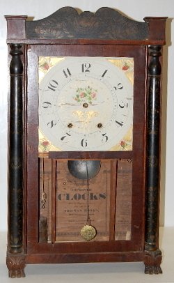 Hopkins & Alfred Wood Works Shelf Clock: Hopkins & Alfred Wood Works Shelf Clock: weight driven, bell strike, 10" wood dial. Good interior label. In a mahogany and veneer case with paw feet, stenciled columns and splat. Weights, pendulum and