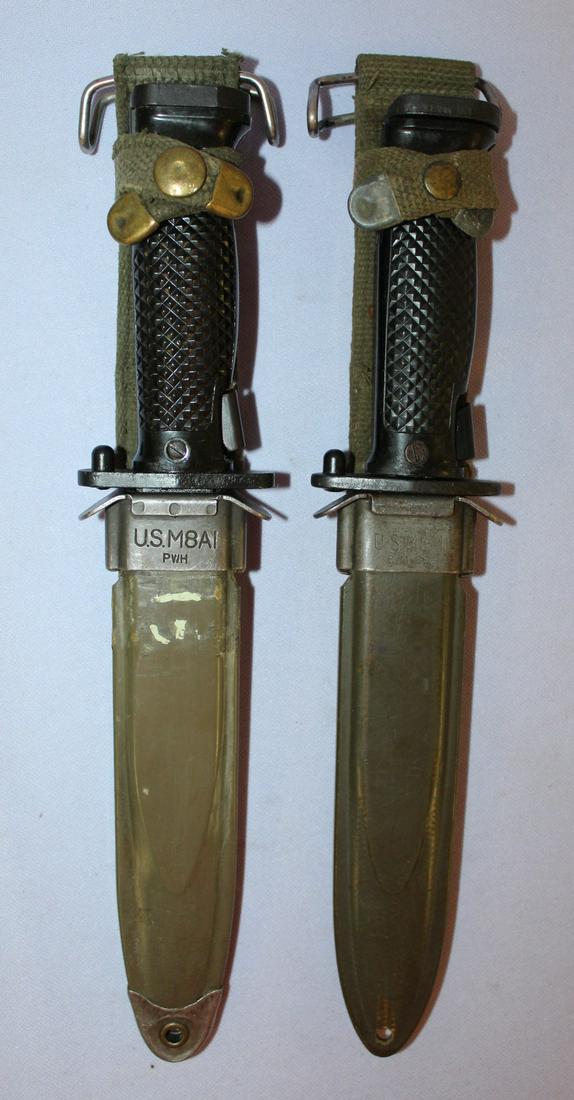 2 US Mark 7 bayonets and scabbards.: 2 US Mark 7 Bayonets and Scubbards from the Vietnam Era, made by imperial. In new Condition. 11 7/8" long.