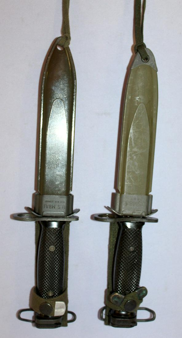 2 US Mark 7 bayonets and scabbards.: 2 US Mark 7 Bayonets and Scubbards from the Vietnam Era, made by imperial. In new Condition. 11 7/8" long.