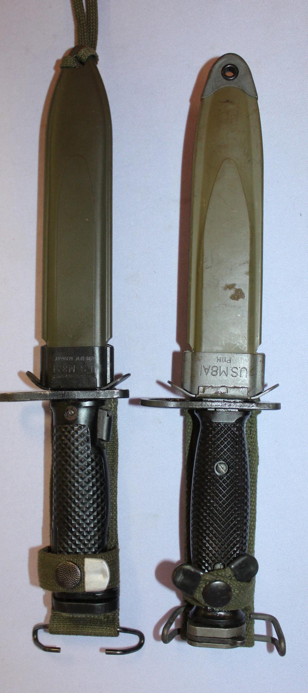 2 US Mark 7 bayonets and scabbards.: 2 US Mark 7 Bayonets and Scubbards from the Vietnam Era, made by imperial. In new Condition. 11 7/8" long.