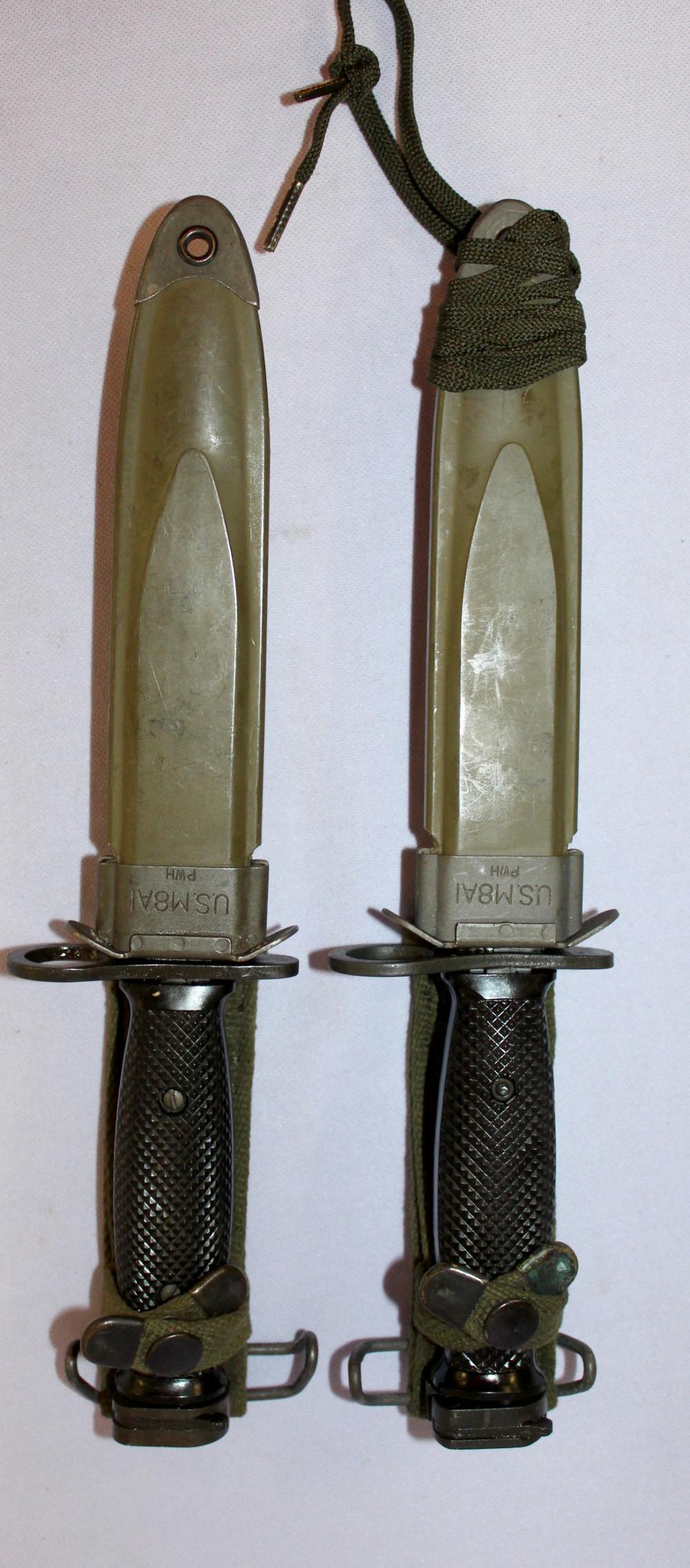 2 US Mark 7 bayonets and scabbards.: 2 US Mark 7 Bayonets and Scubbards from the Vietnam Era, made by imperial. In new Condition. 11 7/8" long.