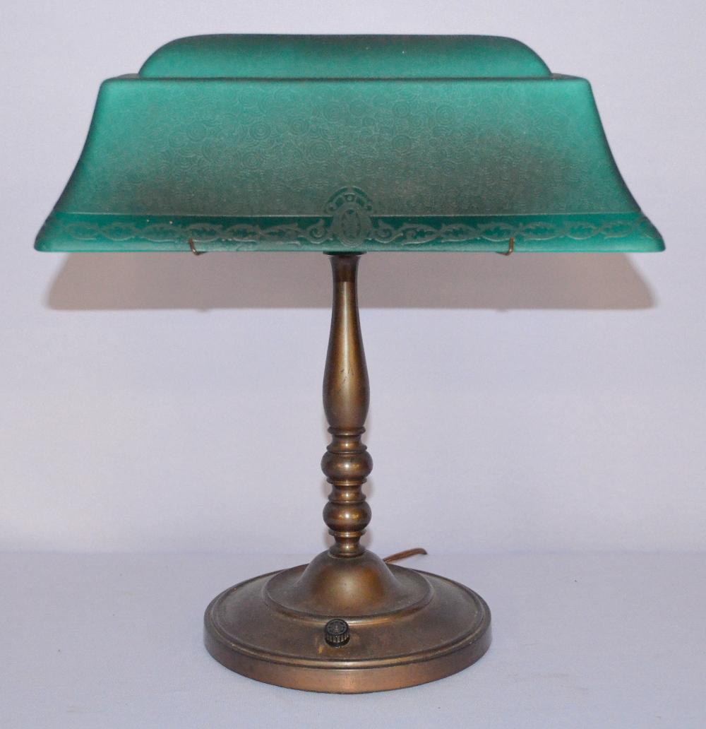 Antique Emeralite #9 Daylight Desk Lamp: Antique Emeralite #9 Daylight Desk Lamp. w/ 11 3/4" w frosted green cased shade, embossed swirl pattern acanthus leaf band w/ center medallion McFaddin Co., NY. 14 1/2" T, some wire roughness. **This 