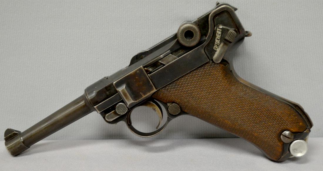 German 9 mm luger: German 9mm luger. The firearm has multiple non matching serial numbers and faint stampled emblemes. A clip is with it. The grips look orginial and have some wear.