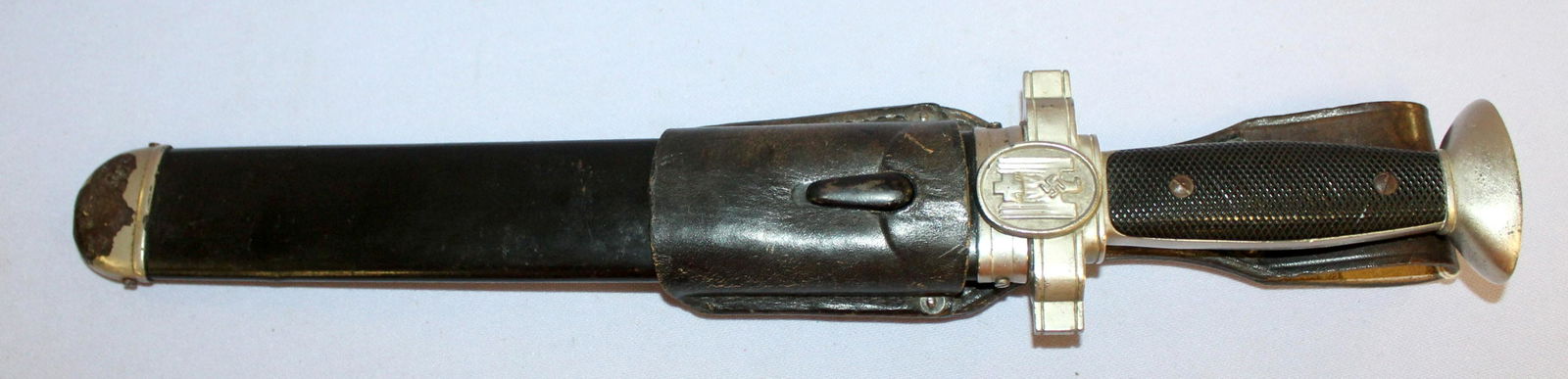 German Red Cross Hewel w/ Scabbard: German Red Cross Hewel w/ Scabbard: introduced in 1938 and worn by enlisted ranks, mfg. by Robert Klos of Solingen, the leather frog is intact and marked JKH41, the Hewel is 15 1/2" long and all is in