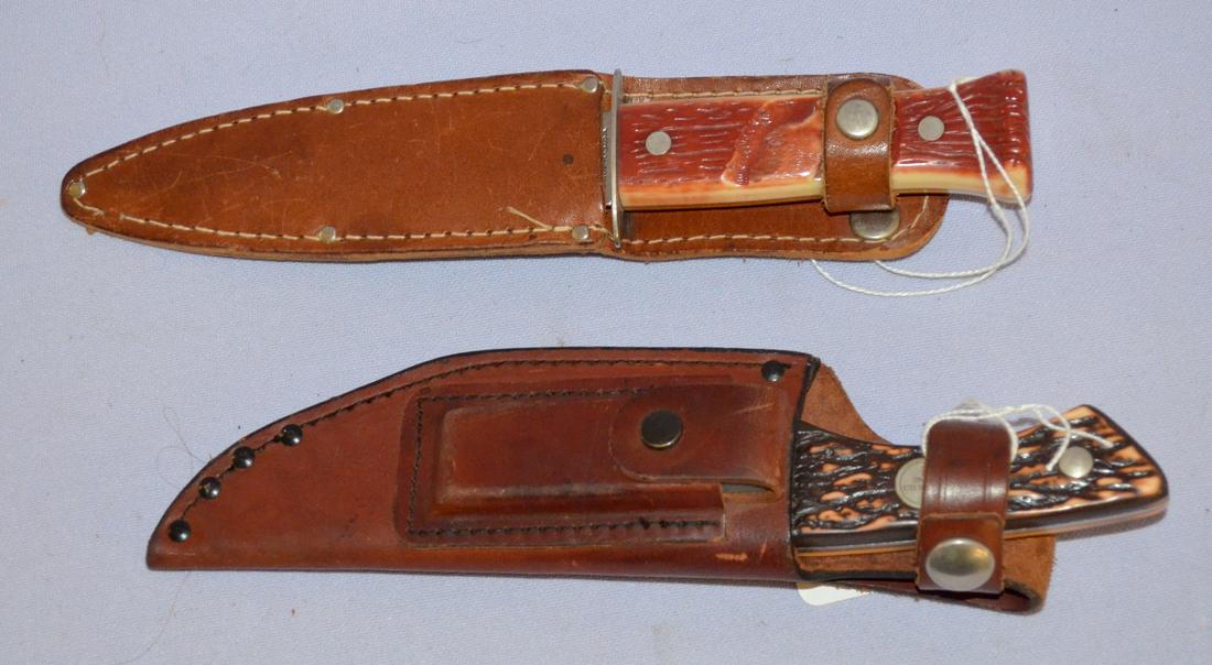 Remington and Imperial belt knives with sheath: Remington and Imperial belt knives with sheath. 1- Remington R-6 with saw-tooth spine. 9" long. 2- imperial 9" long - plastic moose molded handles