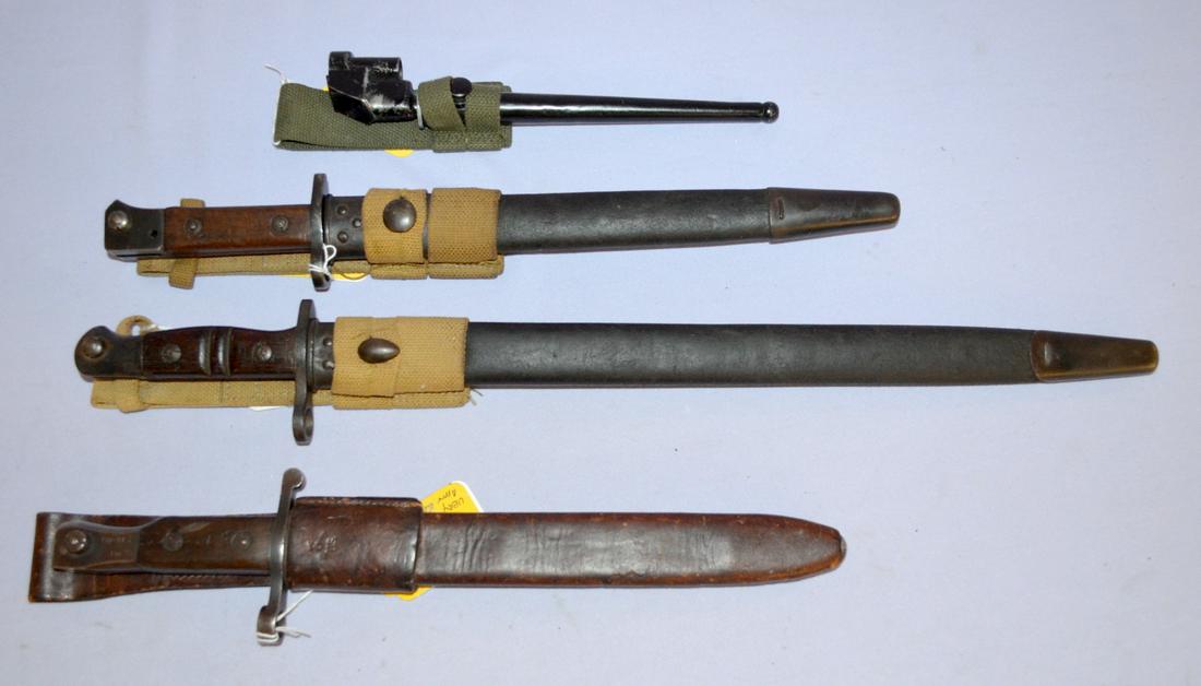 3 Antique Bayonets & A Spike: 3 Antique Bayonets & A Spike. 1- British pattern 1913 bayonets, scabbard and canvas frog. Made by Remington Arms. The bayonet is 21 1/2" long. The scabbard is leather. 2- Ross model 1905 Bayonet with 