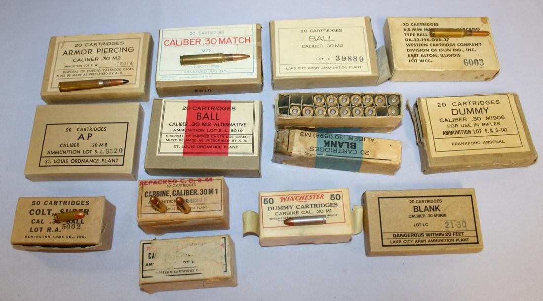 11 Boxes Ammo & 4 Boxes of Dummy Ammo: 11 Boxes Ammo & 4 Boxes of Dummy Ammo: 4 boxes of 20 - .30 cal M2, 1 box .30 cal match ammo - 20 rounds, 1 box 7.62 x 39MM - 20 cartridges, 1 box of 20 - 6.5MM ball type, 2 boxes .30 cal carbine - 50 