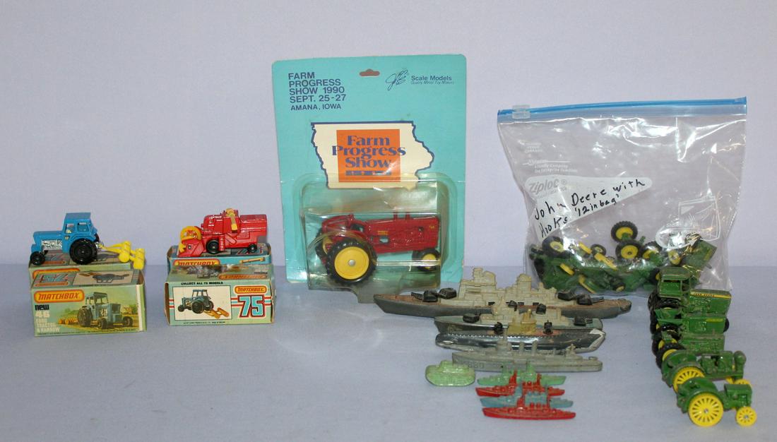 Miniature Toy Tractors: Miniature Toy Tractors: 4 - 1977 Lesney Matchbox tractors, 3 - 46 Ford tractor & harrow, 1 - 51 combine harvester, 3 - 1970s Tootsie toy task force ships, 6 -tin Tootsie toy task force ships, 12 - Joh