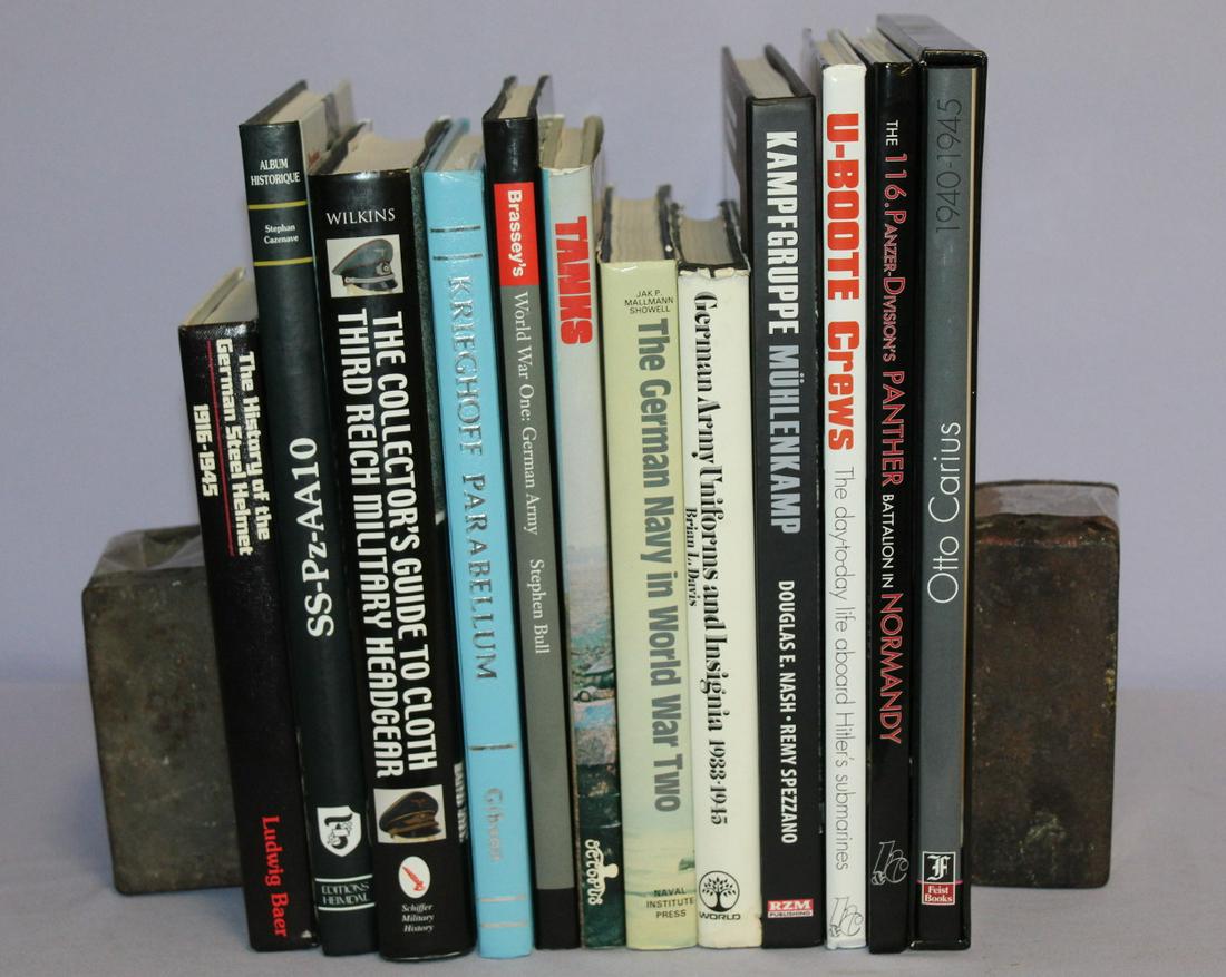 12 Books on Germans Military: 6 Books on Germans Military. 1-The German Navy in WWII by Jak P. Mallman Showell. 224 pages. 2- The History of The German Steel Helmet 1916-1945 by Ludwig Baer. 448 pages. 3- German Army uniforms and 