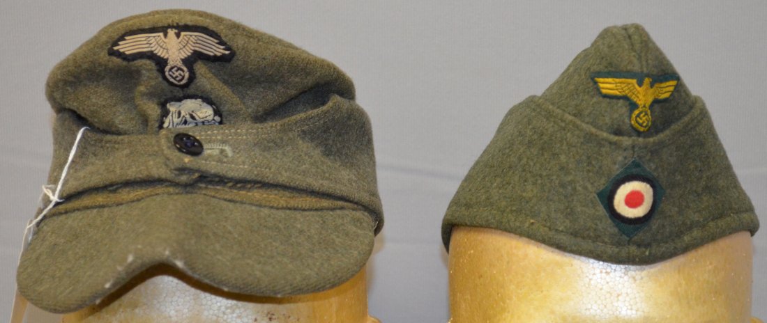 German WWII Waffen SS Winter Cap: German WWII Waffen SS Winter Cap with a grey threaded eagle and silver threaded Totenkof patch. The cap is woll, with a button ear flaps. Silk lined, no label or size indicator. It is in size, about 1