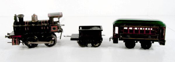 German Tin Litho 3pc. Wind Train Set: German Tin Litho 3pc. Wind Train Set: possibly Karl Bub. 1.) Locomotive, works. (Paint chipping and some denting.) 6 1/2" 2.) Coal Tender (Paint chipping and some denting.) 3 1/2" 3.) Passenger Car (P