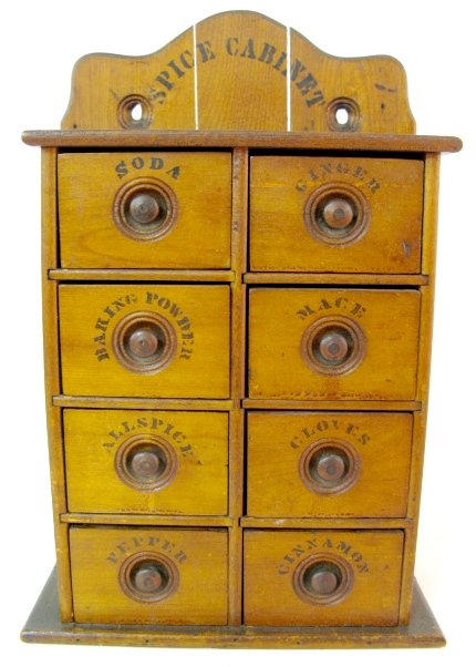 Wooden Stenciled Wall Hanging Spice Box: Wooden Stenciled Wall Hanging Spice Box: stenciled "Spice Cabinet" with stenciled spice names on the 8 drawers. Looks all original. (Scuffing to the ginger drawer.) 16 3/4" x 11" x 5 1/4" All items se