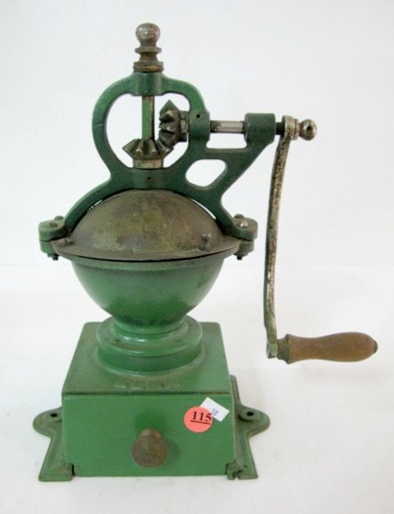 Cast Iron Elma Table Top Coffee Grinder: Cast Iron Elma Table Top Coffee Grinder: 1 drawer with brass pull. Appears to be complete and original. (Some corrosion to handled hopper lid.) 12 1/2"; 7 1/2" from screw hole to screw hole on base Al