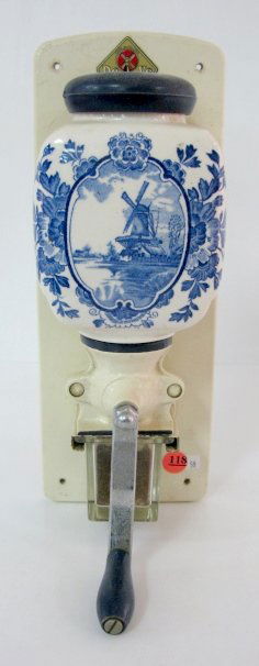 DeVe Ceramic Wall Hanging Coffee Grinder: DeVe Ceramic Wall Hanging Coffee Grinder: blue and white with Dutch windmill scene; Made in Holland DeVe decal on back board; appears all original. No condition problems. 13 1/4" All items sell As Is,