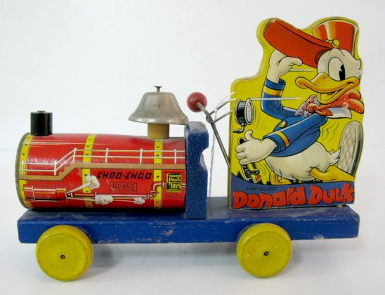 Fisher Price No.450 Donald Duck Pull Toy: Fisher Price No.450 Donald Duck Pull Toy: Donald Duck Choo Choo pull toy; introduced 1940. (String is gone; slight paint wear to cart; slight marring to cardboard engine.) 9 1/2" All items sell As Is,