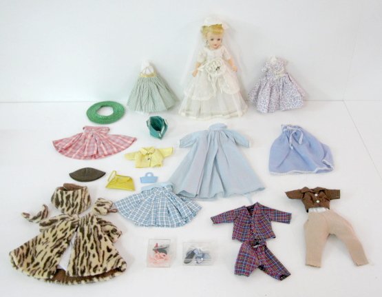 Little Miss Revlon Doll & Clothes: Little Miss Revlon Doll & Clothes: Ideal Doll VT-10 1/2 on neck; bride doll; all original with 8 outfits; 4 pair of shoes and 2 purses, 2 hats. 10 1/2" All items sell As Is, Where Is, no guarantees of