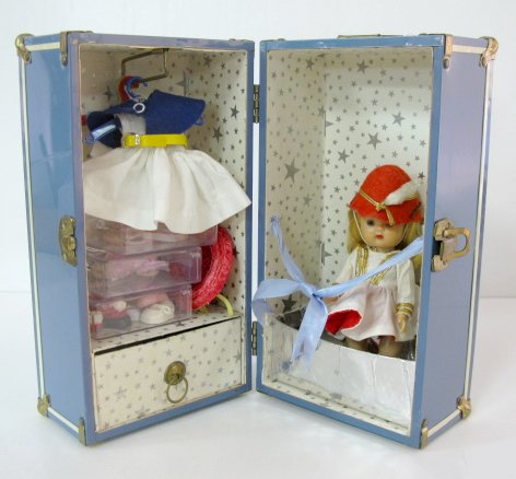 Muffie Doll, Trunk & Accessories: Muffie Doll, Trunk & Accessories: hard plastic doll marked Storybook Dolls California, Muffie. Wearing a Vogue Dolls tagged Majorette outfit. Also has a nurse outfit, hat, skates, ballet slippers and 