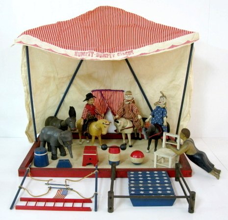 Schoenhut Delvan "Humpty Dumpty" Circus, Ca.1952: Schoenhut Delvan "Humpty Dumpty" Circus, Ca.1952: includes Elephant PE, regular size C6; Donkey PE, regular size C7; Horse PE regular size C7, gray; Horse PE, regular size C6, white; Horse PE, regular
