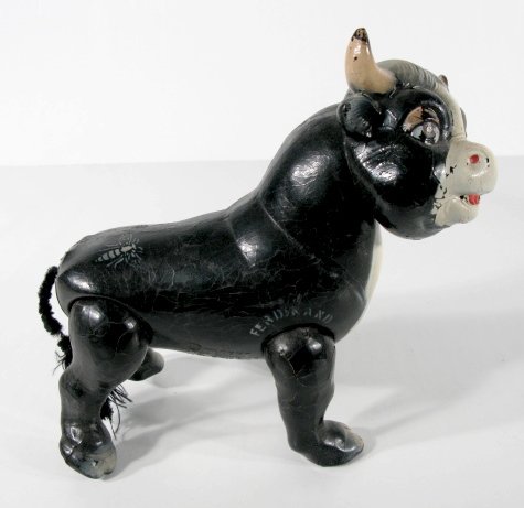 Ferdinand the Bull Wooden Toy: Ferdinand the Bull Wooden Toy: stenciled "Ferdinand" on right shoulder with a stenciled fly or bee on hind quarters. (Very crackled, needs handled with care; some paint loss.) 10" x 10" All items sell