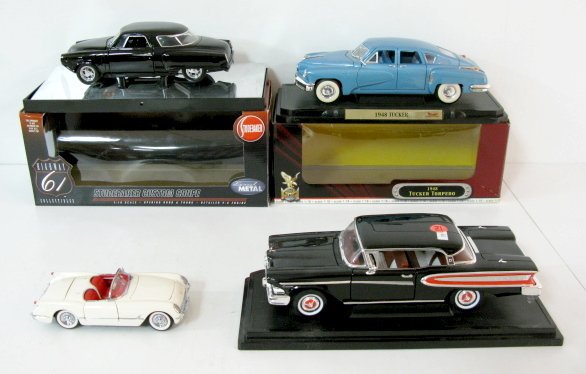 4 Die Cast Scale Model Cars: 4 Die Cast Scale Model Cars: 1.) Highway 61 Studebaker Custom Coupe in original box; 1:18 scale. 2.) Precision model 1953 Corvette; Franklin Mint; 1:24 scale. 3.) Road Signature 1948 Tucker, no box; 1