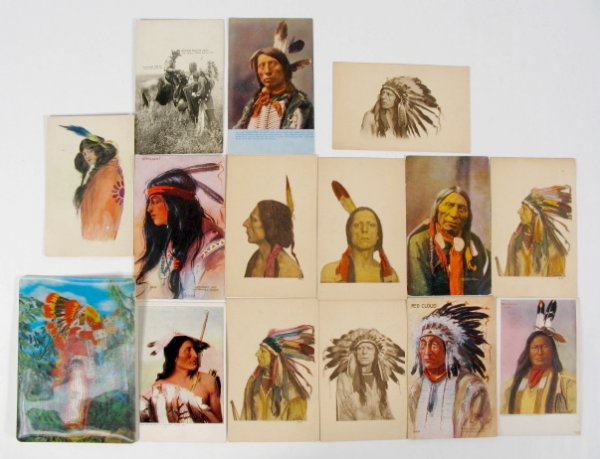 13 Native American Post Cards: 13 Native American Post Cards: Sioux Conquering Bear; Red Cloud; Jack Red Cloud; photo card of a cowboy trading with Indians; Starlight; 2 by F.A. Rinehart "Chase-in-the-Morning and Rain in the Face";