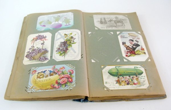 Postcard Album w/174 Postcards: Postcard Album w/174 Postcards: scenic souvenir; Easter; remembrance; Valentine; Christmas; Easter; Fall; New Year; comic; birth announcement; early swimsuit. Used and unused. (Album is not in very go