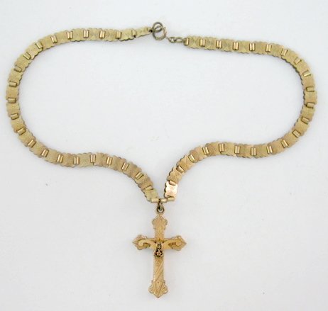 Victorian Gold Wash Cross Necklace: Victorian Gold Wash Cross Necklace: all metal with flat panel embossed chain, no makers mark; engraved "Augusta" on the back. 11" from bottom of cross to chain catch All items sell As Is, Where Is, no