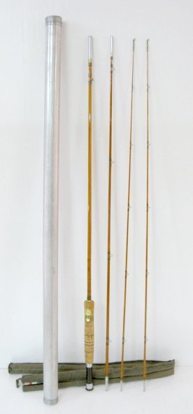 South Bend Split Bamboo Fly Rod: South Bend Split Bamboo Fly Rod: made in 3 sections with an extra tip; it has 24-9 and HCH or C painted in black on the lowest piece. The cork handle has a Comficient Grip label on it. In a cloth cove