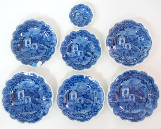 7pcs Flow Blue China by Rogers: 7pcs Flow Blue China by Rogers: the unidentified pattern shows 3 hunters, 1 on horseback passing in front of a small temple like building. On the right is a set of stairs with 4 white figures near the