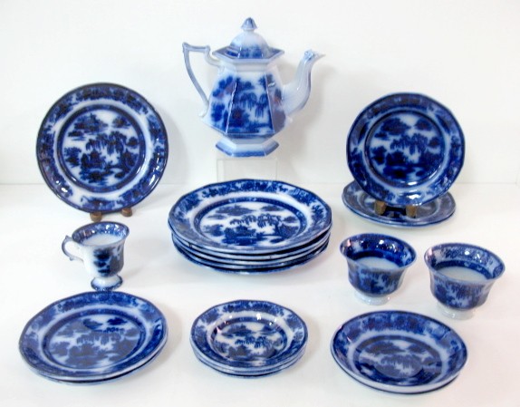 20pcs Flow Blue "Manilla" Dinnerware: 20pcs Flow Blue "Manilla" Dinnerware: most have stamped and impressed marks for P.W. & Co. Stoneware. Titles and other, where space was available. The maker is Podmore, Walker & Co. Circa 1830's to 18