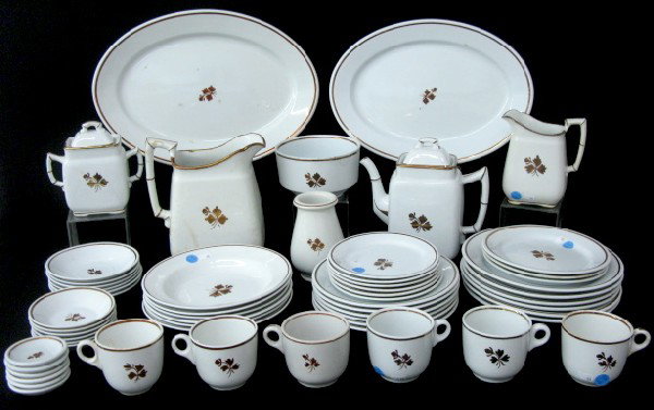 59pcs Tea Leaf Ironstone China by Meakin: 59pcs Tea Leaf Ironstone China: included are 2 oval platters, 15" x 10 3/4" & 16 3/4" x 11 3/4" (both have 2 or more small dark spots on the surface); 6 soup plates, 8 7/8", all are very clean; 6 smal