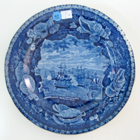 Enoch Woods & Sons Historical Staffordshire Plate: Enoch Woods & Sons Historical Staffordshire Plate: "Commodore MacDonnough's Victory". The impressed mark is partial. (The underside has some colored crazing and an old crows foot, not visible on the f