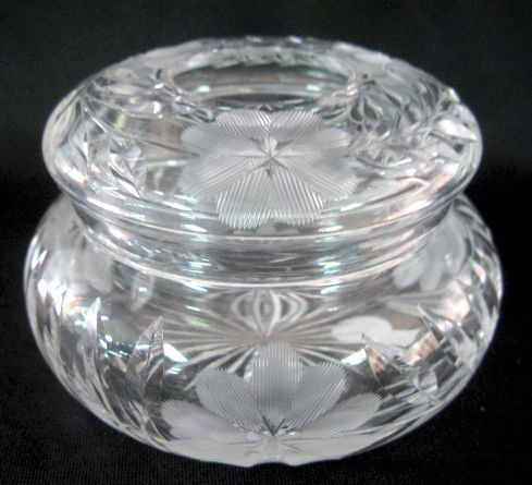 Pressed & Ground Glass Hair Receiver: Pressed & Ground Glass Hair Receiver: floral and leaf design with matching lid. (The bowl has a small rim chip hidden by the cover.) 3 3/8" x 5 1/4" All items sell As Is, Where Is, no guarantees of an