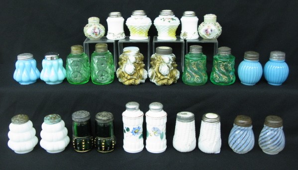 13 Pairs of Pattern Glass Salt & Pepper Shakers: 13 Pairs of Pattern Glass Salt & Pepper Shakers: 1.) Bulging Teardrop, blue milk glass, mixed lids. 2.) Corn, white milk glass (1 damaged lid.) 3.) Seed Pod, green with original lids. 4.) Double Circl