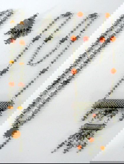 2 Middle Eastern Necklaces & 1 Pendant: 2 Middle Eastern Necklaces & 1 Pendant: 1.) Made of silver colored metal linked with facet cut dark amber colored glass beads. At the bottom is a cylinder with diamond patterns and 1 removable end, pr