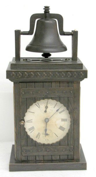 Gilbert Alarm Clock w/Rolling Bell: Gilbert Alarm Clock w/Rolling Bell: one day time with a seconds and alarm dial on the 2 3/4" dial. The case is brass with bronze finish and formed as a small building. The springs wind just fine, the