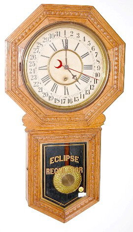 Sessions Long Drop Calendar Clock: Sessions Long Drop Calendar Clock: 8 day time only spring wound movement with a 12" original dial. In an oak case with pressed star designs. This is a larger version of the Crescent No.13 model. With 