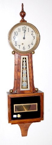 Ingraham "Nyanza" Banjo Clock: Ingraham "Nyanza" Banjo Clock: 8 day time only movement with an original 8" dial. In a mahogany case in good condition. A good, red label is on the case's back. With key. 39" long and running at this 